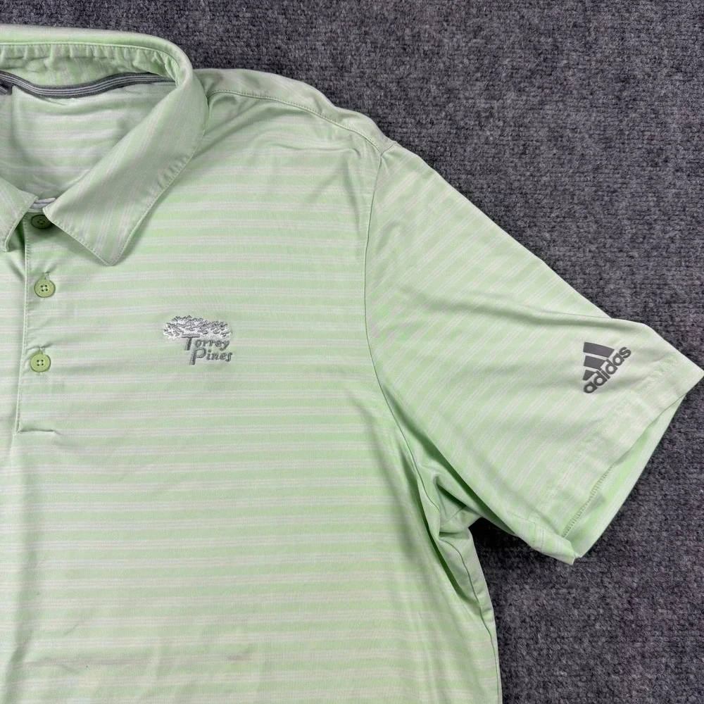 Adidas Polo Shirt Mens XL Green Striped Torrey Pines Golf Performance Short